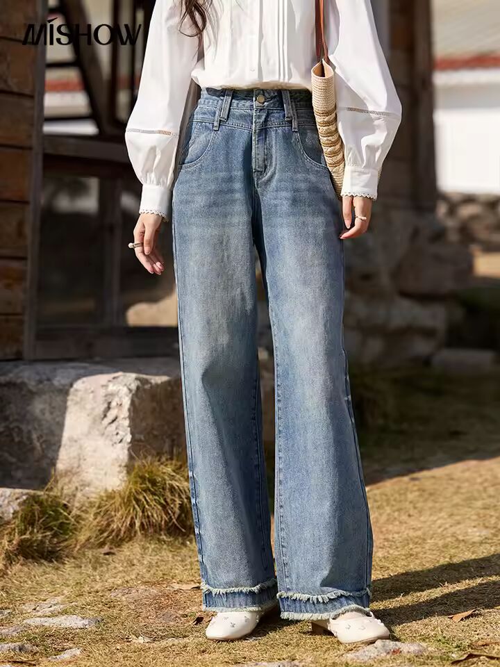 MISHOW Retro Straight Leg Jeans for Women Spring 2025 Tassels High Waist Slim Pants Casual Cotton Elastic Denim Pants MXE12K0877