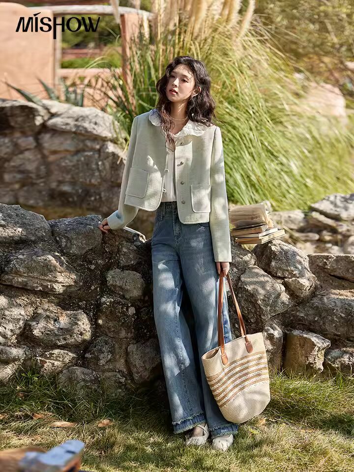MISHOW Retro Straight Leg Jeans for Women Spring 2025 Tassels High Waist Slim Pants Casual Cotton Elastic Denim Pants MXE12K0877
