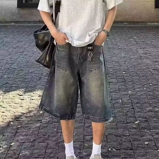 American Style Vintage Men's Denim Shorts Streetwear Straight-Leg Wide-Leg Distressed Casual Pants Trendy Summer Wear