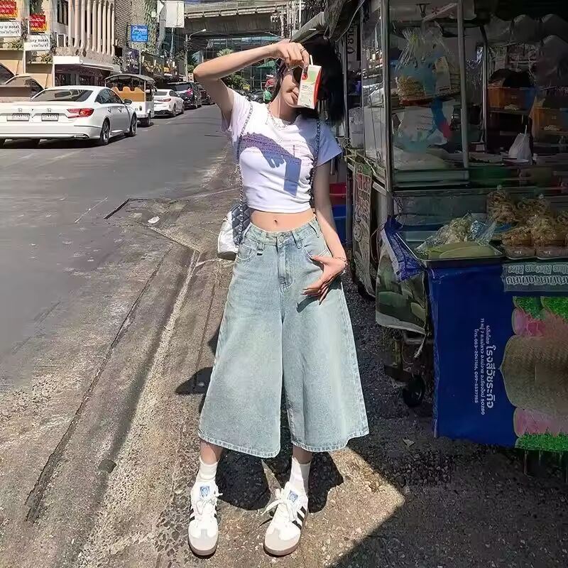 Vintage Style Jeans Women's Petite High-waisted Slimming Draped Loose Fit Summer New Arrival Seven-half Bell Bottoms