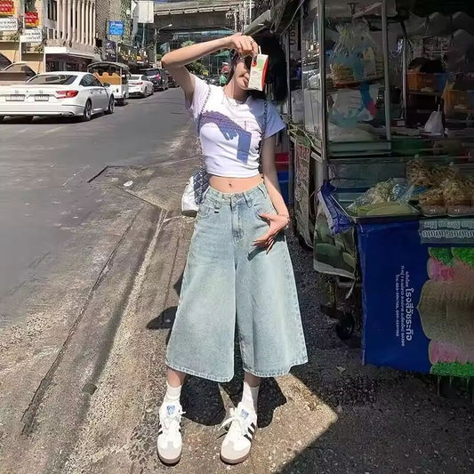 Vintage Style Jeans Women's Petite High-waisted Slimming Draped Loose Fit Summer New Arrival Seven-half Bell Bottoms