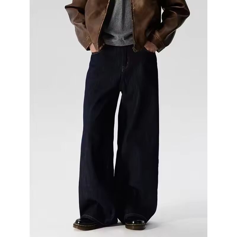 American Retro Black Washed Loose Men's Jeans Knife Shape Wide Leg Straight Cut Denim Pants Casual High End Feeling