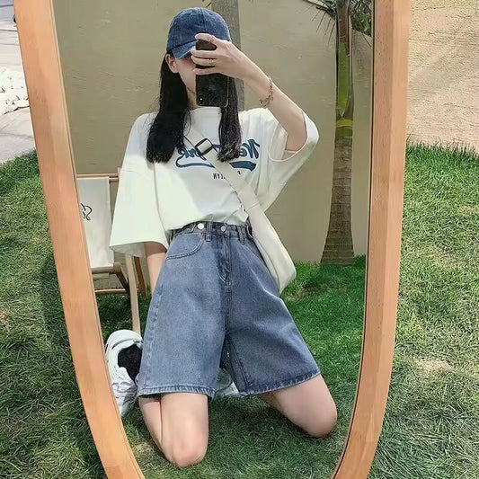 Feynzz Fashion Summer Half Women Denim Shorts High Waist Belted Loose Female Short Jeans Streetwear